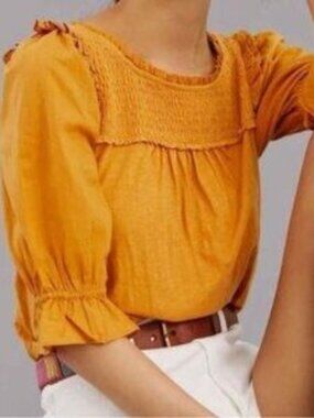 Anthropologie Golden Yellow Smocked Top Medium